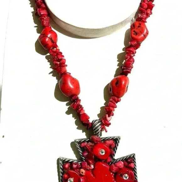 Southwest turquoise & coral gemstone cross pendant - Picture 2 of 3